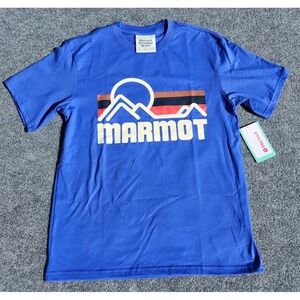 Marmot Mountain Works Mens Tee T Shirt Trail Blue Short Sleeve Graphic logo sz S